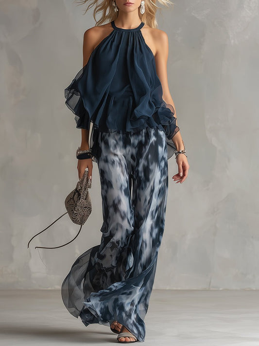 Elegant Navy Blue Tie Dye Wide Leg Set for Women with Halter Neck Ruffle Sleeve Flowing Two Piece Style