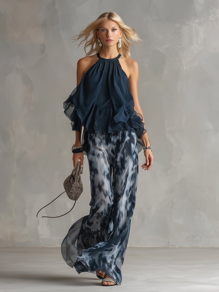 Elegant Navy Blue Tie Dye Wide Leg Set for Women with Halter Neck Ruffle Sleeve Flowing Two Piece Style