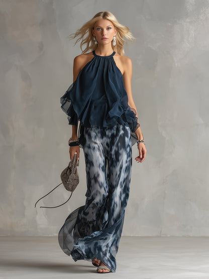 Elegant Navy Blue Tie Dye Wide Leg Set for Women with Halter Neck Ruffle Sleeve Flowing Two Piece Style