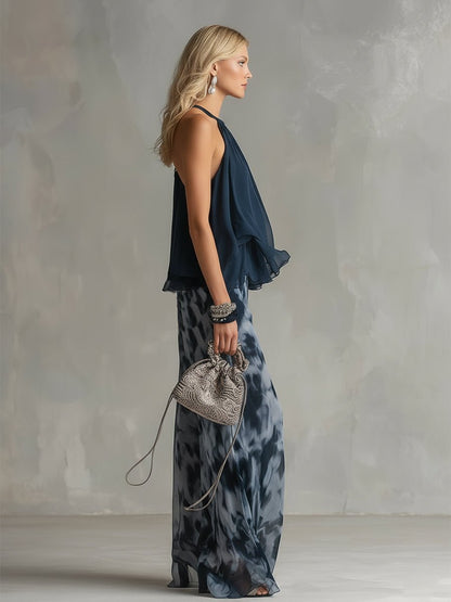 Elegant Navy Blue Tie Dye Wide Leg Set for Women with Halter Neck Ruffle Sleeve Flowing Two Piece Style