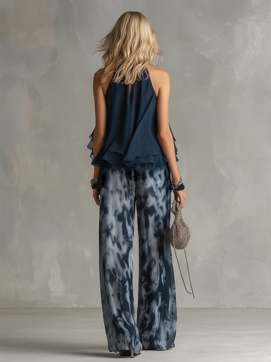 Elegant Navy Blue Tie Dye Wide Leg Set for Women with Halter Neck Ruffle Sleeve Flowing Two Piece Style
