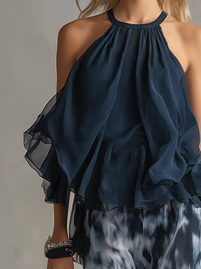 Elegant Navy Blue Tie Dye Wide Leg Set for Women with Halter Neck Ruffle Sleeve Flowing Two Piece Style