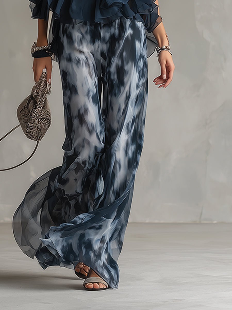 Elegant Navy Blue Tie Dye Wide Leg Set for Women with Halter Neck Ruffle Sleeve Flowing Two Piece Style