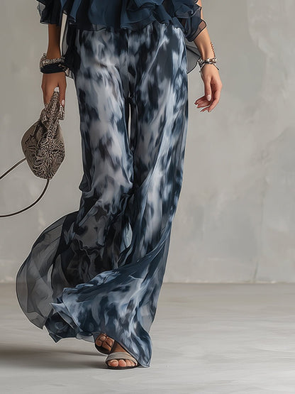 Elegant Navy Blue Tie Dye Wide Leg Set for Women with Halter Neck Ruffle Sleeve Flowing Two Piece Style