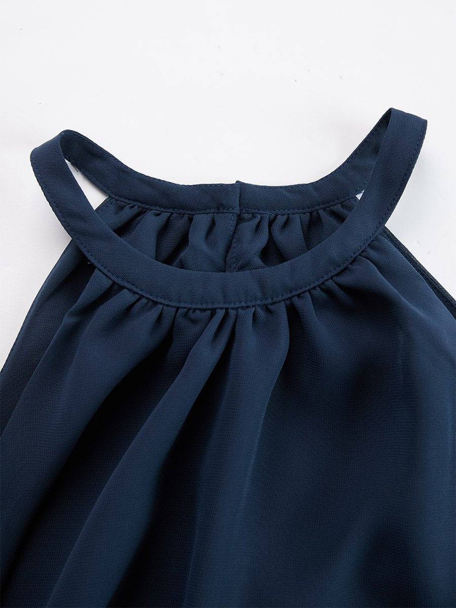 Elegant Navy Blue Tie Dye Wide Leg Set for Women with Halter Neck Ruffle Sleeve Flowing Two Piece Style