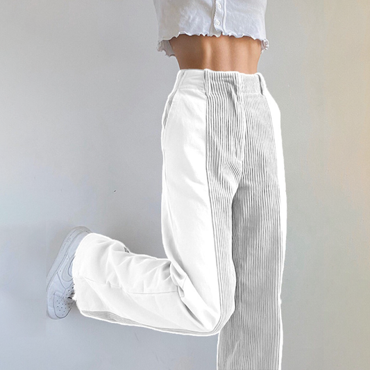 Effortless White Corduroy Colorblock Pants for Women with High Waist Wide Leg Ribbed Casual Style