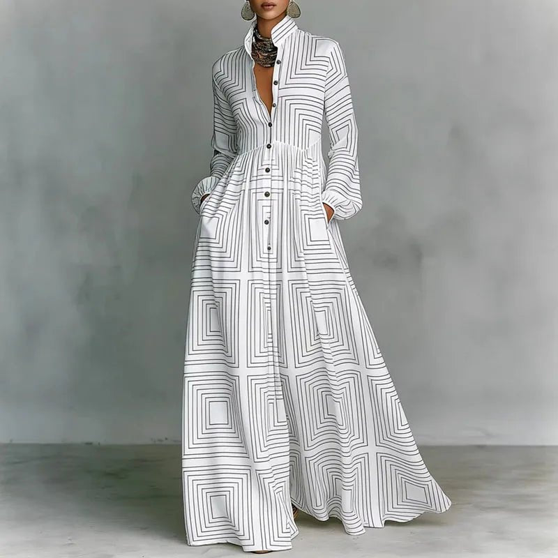 Elegant White Geometric Print Maxi Dress for Women with Stand Collar Long Sleeve Button Front Flowing Style
