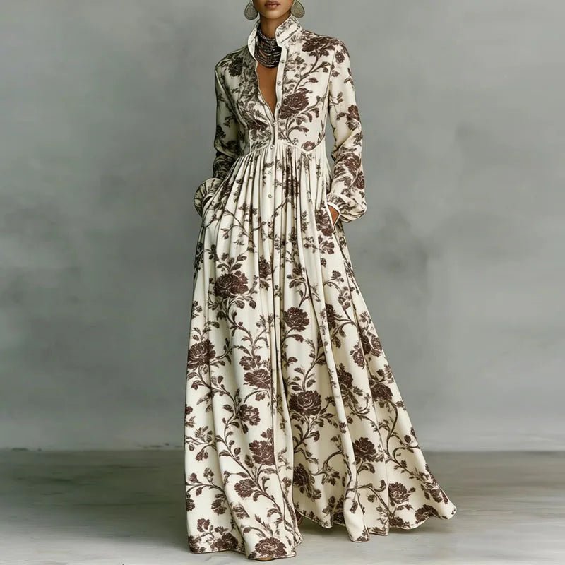Elegant Printed Maxi Shirt Dress for Women with Stand Collar Long Sleeve Button Front Flowing Style