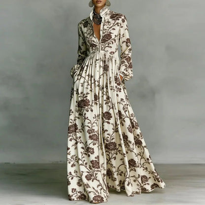 Elegant Printed Maxi Shirt Dress for Women with Stand Collar Long Sleeve Button Front Flowing Style