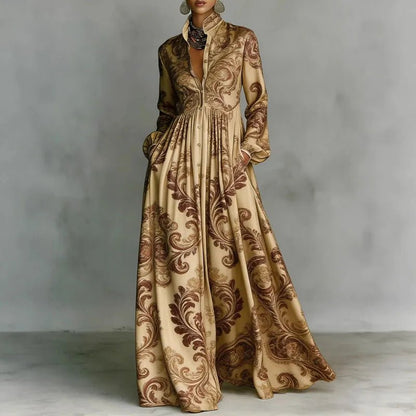 Elegant Printed Maxi Shirt Dress for Women with Stand Collar Long Sleeve Button Front Flowing Style