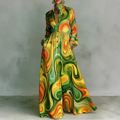 Elegant Printed Maxi Shirt Dress for Women with Stand Collar Long Sleeve Button Front Flowing Style