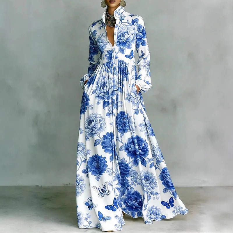 Elegant Printed Maxi Shirt Dress for Women with Stand Collar Long Sleeve Button Front Flowing Style