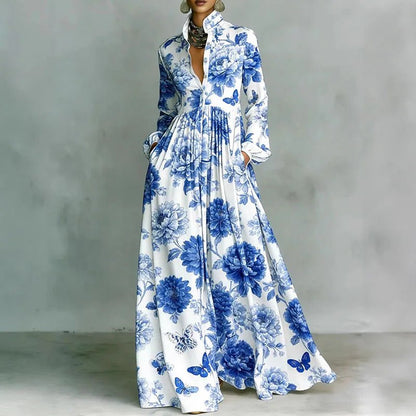 Elegant Printed Maxi Shirt Dress for Women with Stand Collar Long Sleeve Button Front Flowing Style