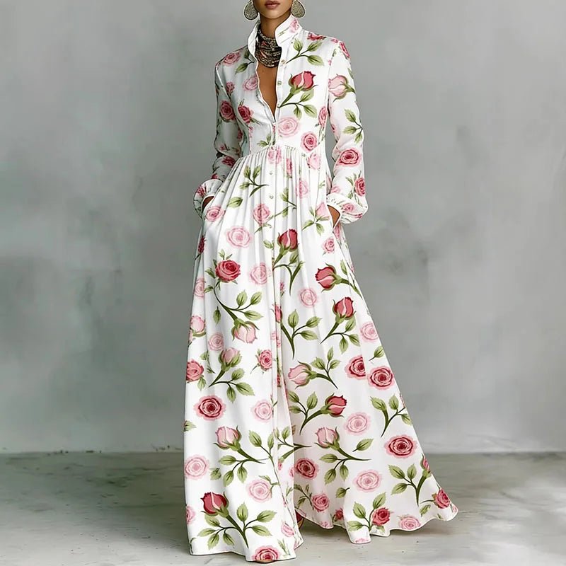 Elegant Printed Maxi Shirt Dress for Women with Stand Collar Long Sleeve Button Front Flowing Style