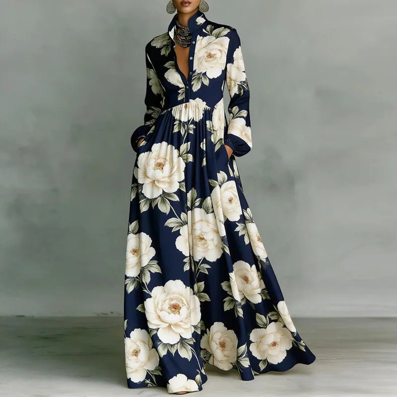 Elegant Printed Maxi Shirt Dress for Women with Stand Collar Long Sleeve Button Front Flowing Style