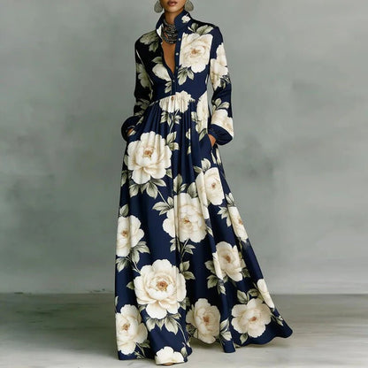 Elegant Printed Maxi Shirt Dress for Women with Stand Collar Long Sleeve Button Front Flowing Style