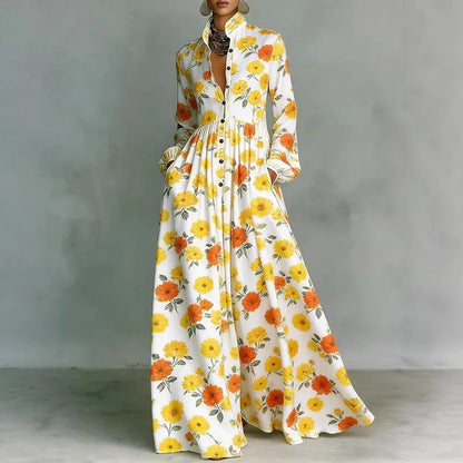 Elegant Printed Maxi Shirt Dress for Women with Stand Collar Long Sleeve Button Front Flowing Style
