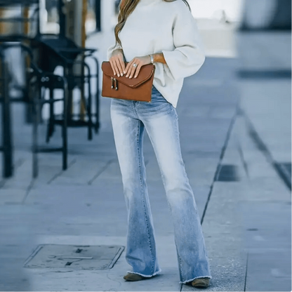 Stylish Blue High Waisted Flare Jeans for Women with Slim Fit Bootcut Denim Vintage Style