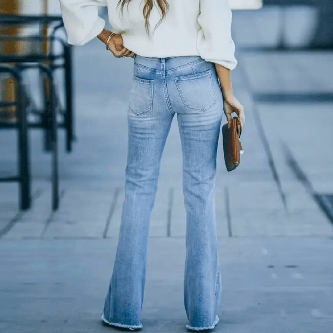 Stylish Blue High Waisted Flare Jeans for Women with Slim Fit Bootcut Denim Vintage Style