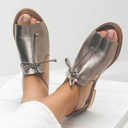 Elegant Champagne Leather Sandals for Women with Peep Toe Lace Up Ankle Tie Flat Style