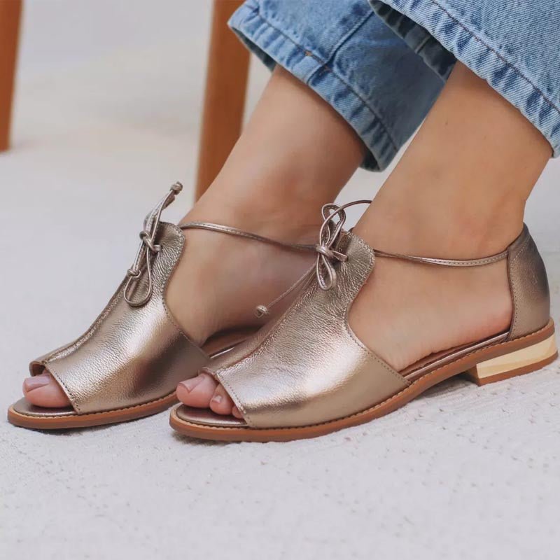 Elegant Champagne Leather Sandals for Women with Peep Toe Lace Up Ankle Tie Flat Style