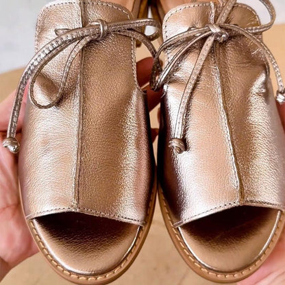 Elegant Champagne Leather Sandals for Women with Peep Toe Lace Up Ankle Tie Flat Style