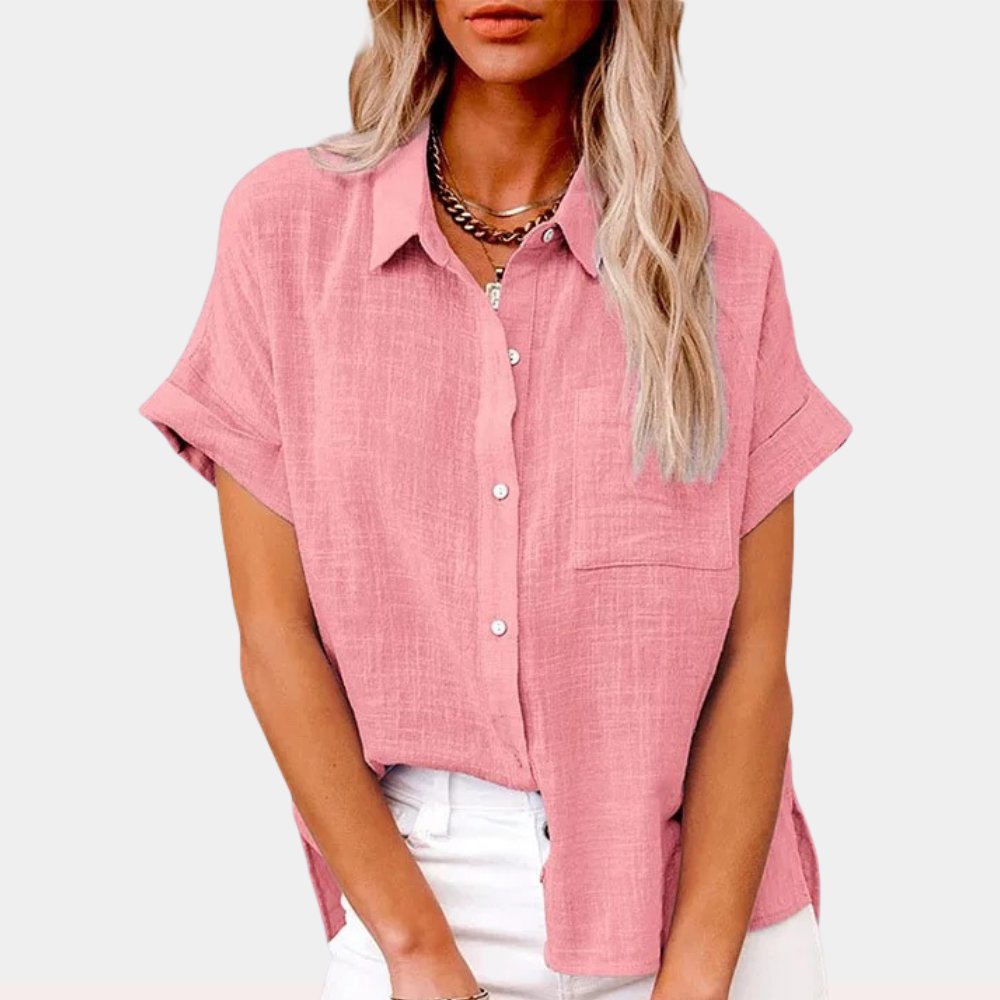Effortless Linen Blouse for Women with Collar Short Sleeve Button Front Oversized Style