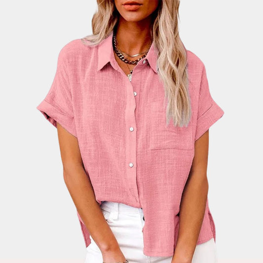 Effortless Linen Blouse for Women with Collar Short Sleeve Button Front Oversized Style