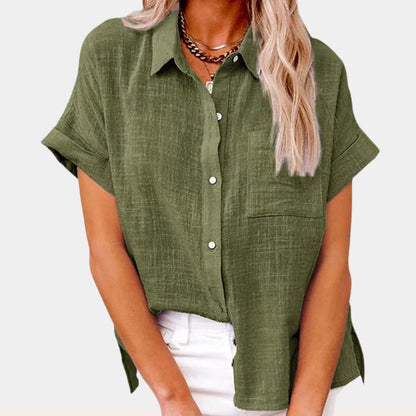 Effortless Linen Blouse for Women with Collar Short Sleeve Button Front Oversized Style