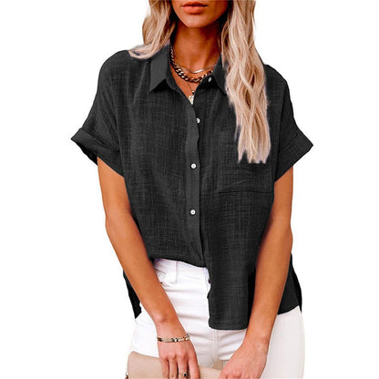 Effortless Linen Blouse for Women with Collar Short Sleeve Button Front Oversized Style
