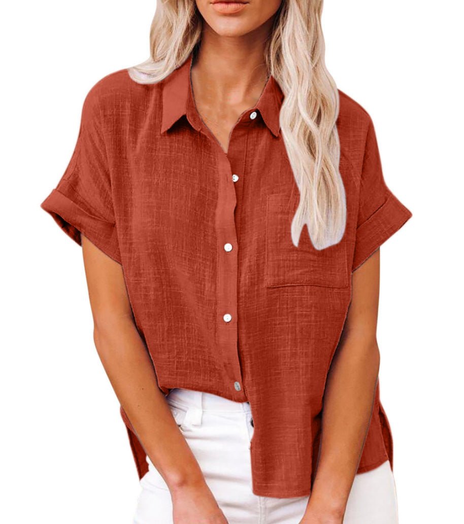 Effortless Linen Blouse for Women with Collar Short Sleeve Button Front Oversized Style