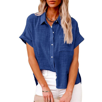 Effortless Linen Blouse for Women with Collar Short Sleeve Button Front Oversized Style