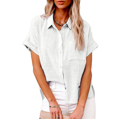 Effortless Linen Blouse for Women with Collar Short Sleeve Button Front Oversized Style