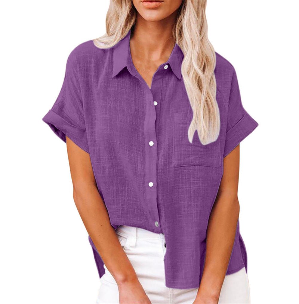 Effortless Linen Blouse for Women with Collar Short Sleeve Button Front Oversized Style