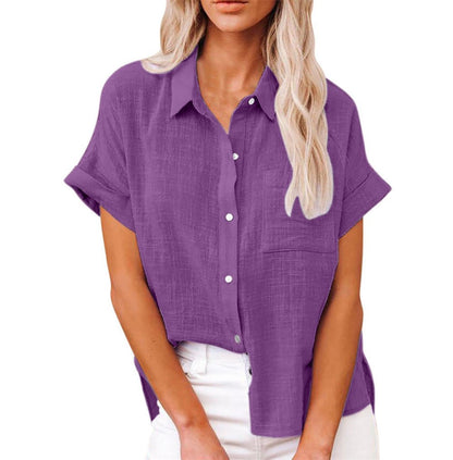 Effortless Linen Blouse for Women with Collar Short Sleeve Button Front Oversized Style