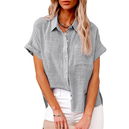 Effortless Linen Blouse for Women with Collar Short Sleeve Button Front Oversized Style