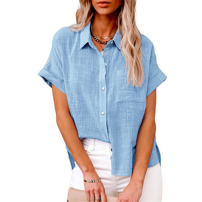 Effortless Linen Blouse for Women with Collar Short Sleeve Button Front Oversized Style