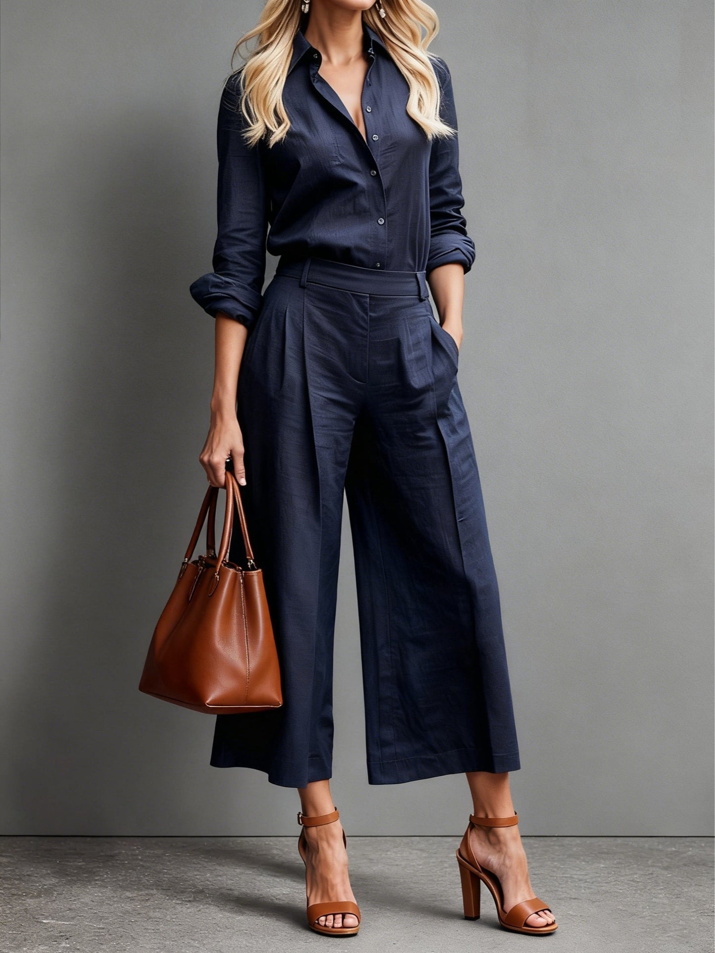 Effortless Linen Wide Leg Set for Women with Collar Long Sleeve Button Front Two Piece Style