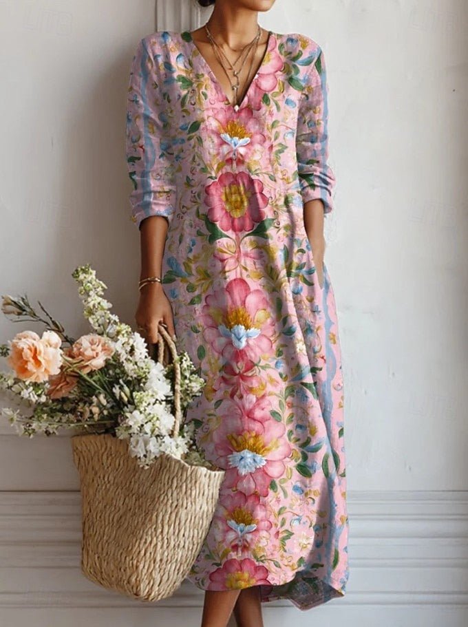 Elegant Pink Floral Maxi Dress for Women with V Neck Long Sleeve Side Slit Flowing Style