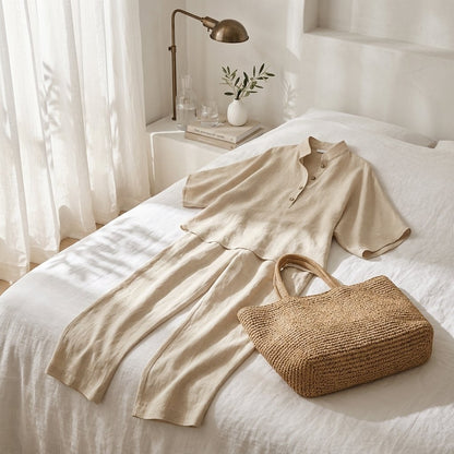 Effortless Linen Wide Leg Set for Women with V Neck Batwing Sleeve Button Front Relaxed Two Piece Style