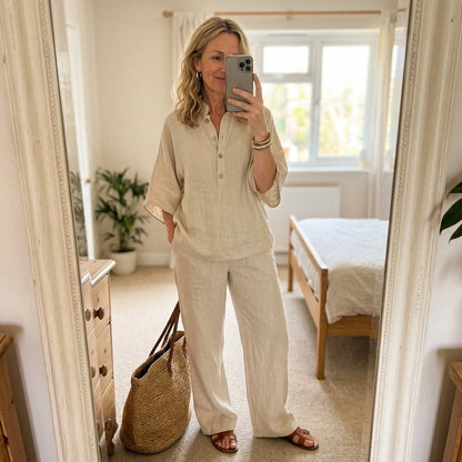 Effortless Linen Wide Leg Set for Women with V Neck Batwing Sleeve Button Front Relaxed Two Piece Style