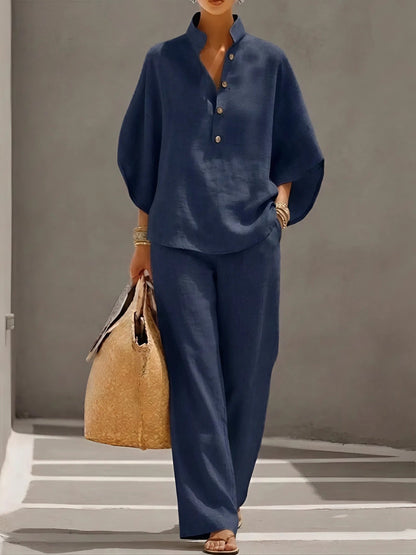 Effortless Linen Wide Leg Set for Women with V Neck Batwing Sleeve Button Front Relaxed Two Piece Style