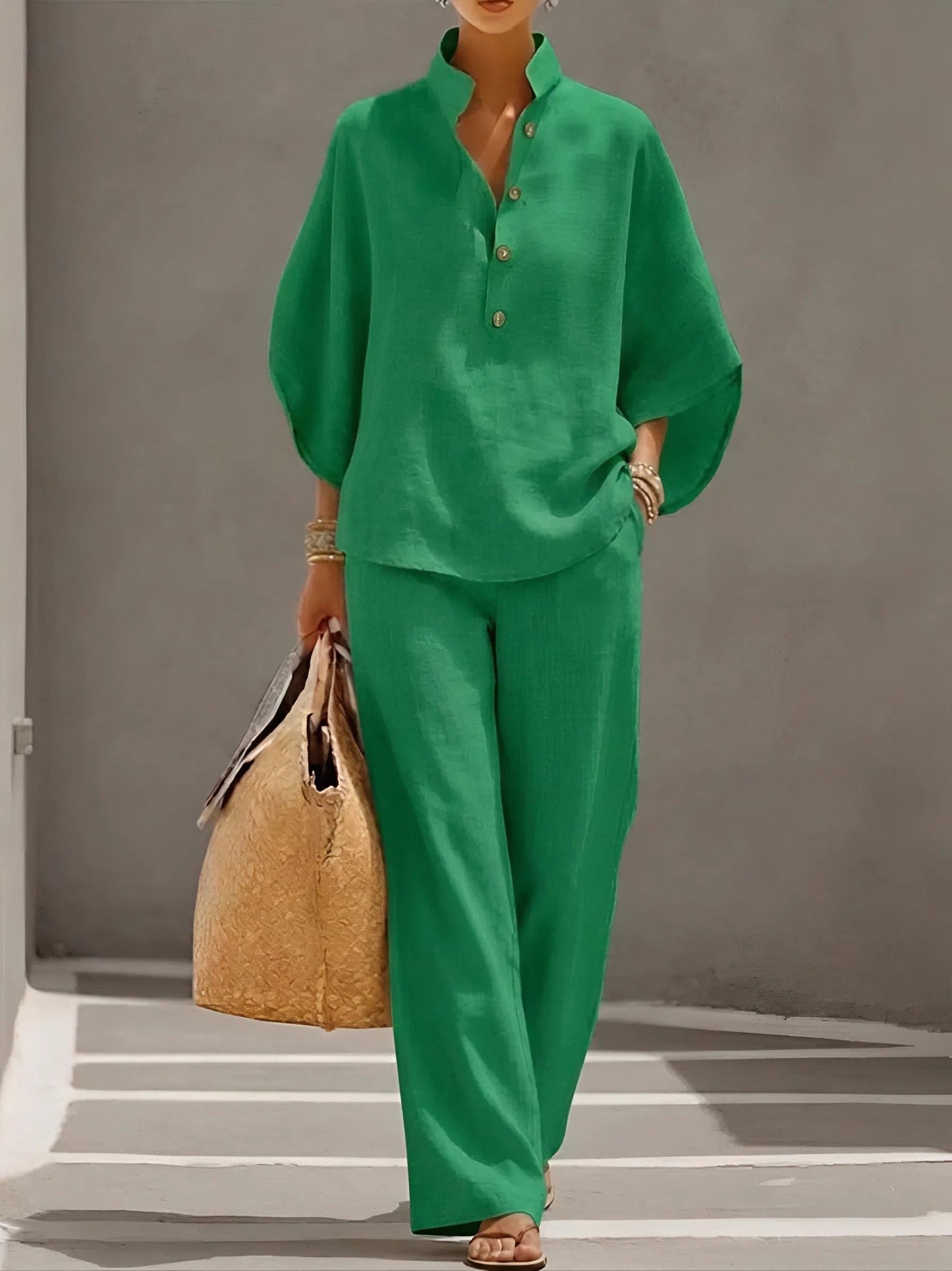 Effortless Linen Wide Leg Set for Women with V Neck Batwing Sleeve Button Front Relaxed Two Piece Style