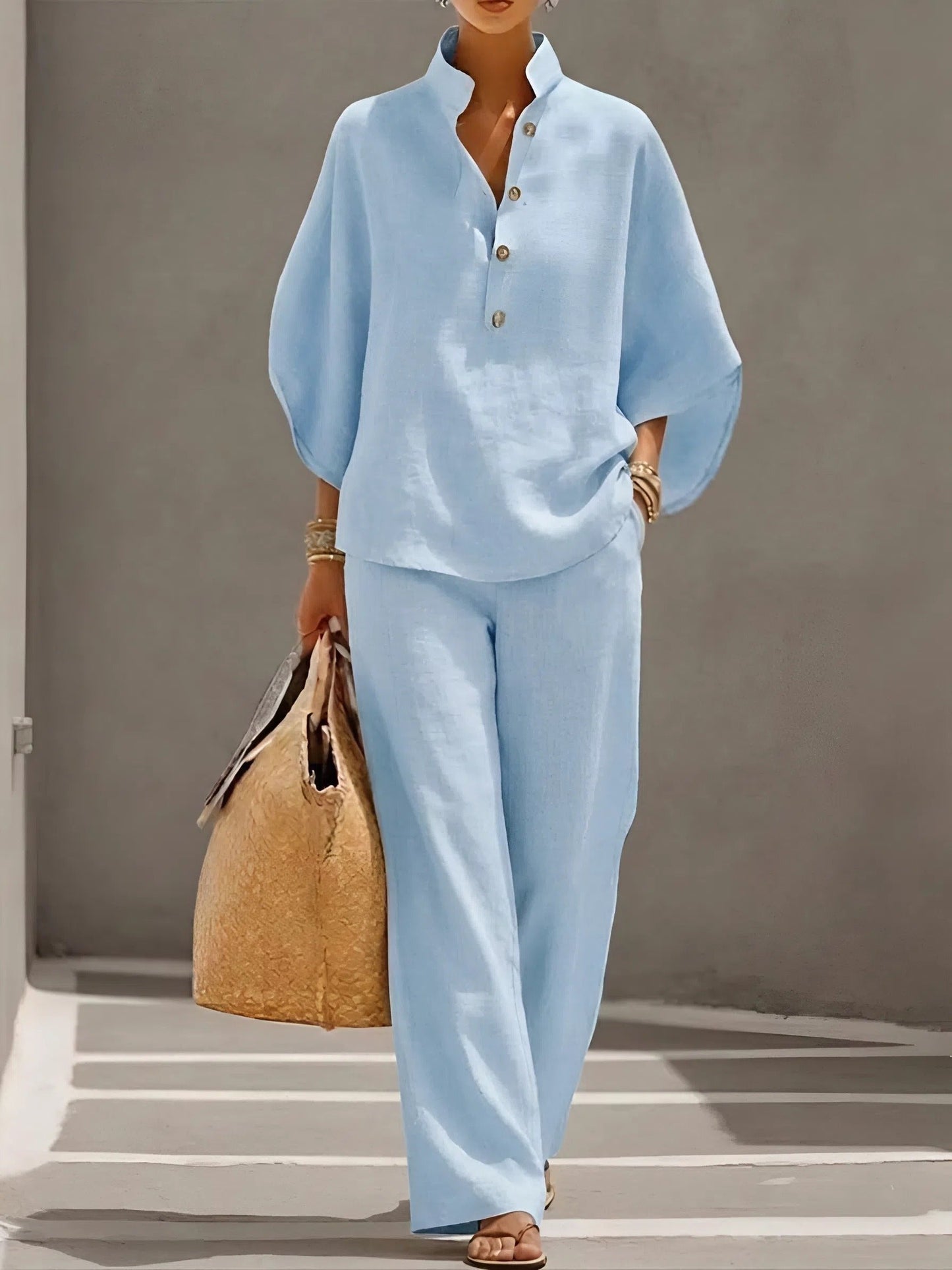 Effortless Linen Wide Leg Set for Women with V Neck Batwing Sleeve Button Front Relaxed Two Piece Style