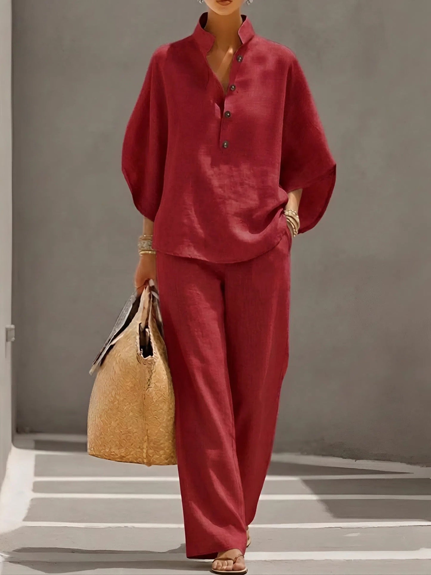 Effortless Linen Wide Leg Set for Women with V Neck Batwing Sleeve Button Front Relaxed Two Piece Style