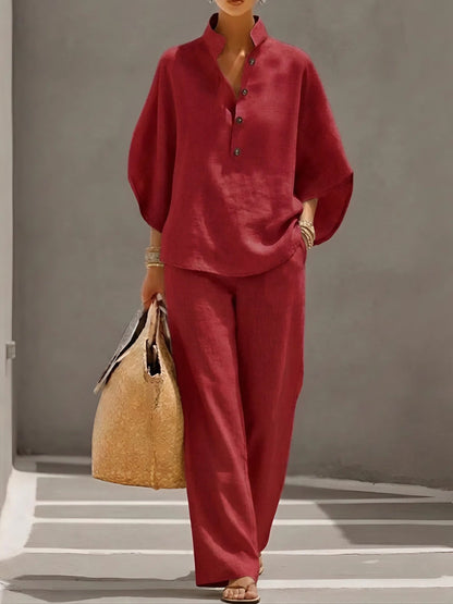 Effortless Linen Wide Leg Set for Women with V Neck Batwing Sleeve Button Front Relaxed Two Piece Style