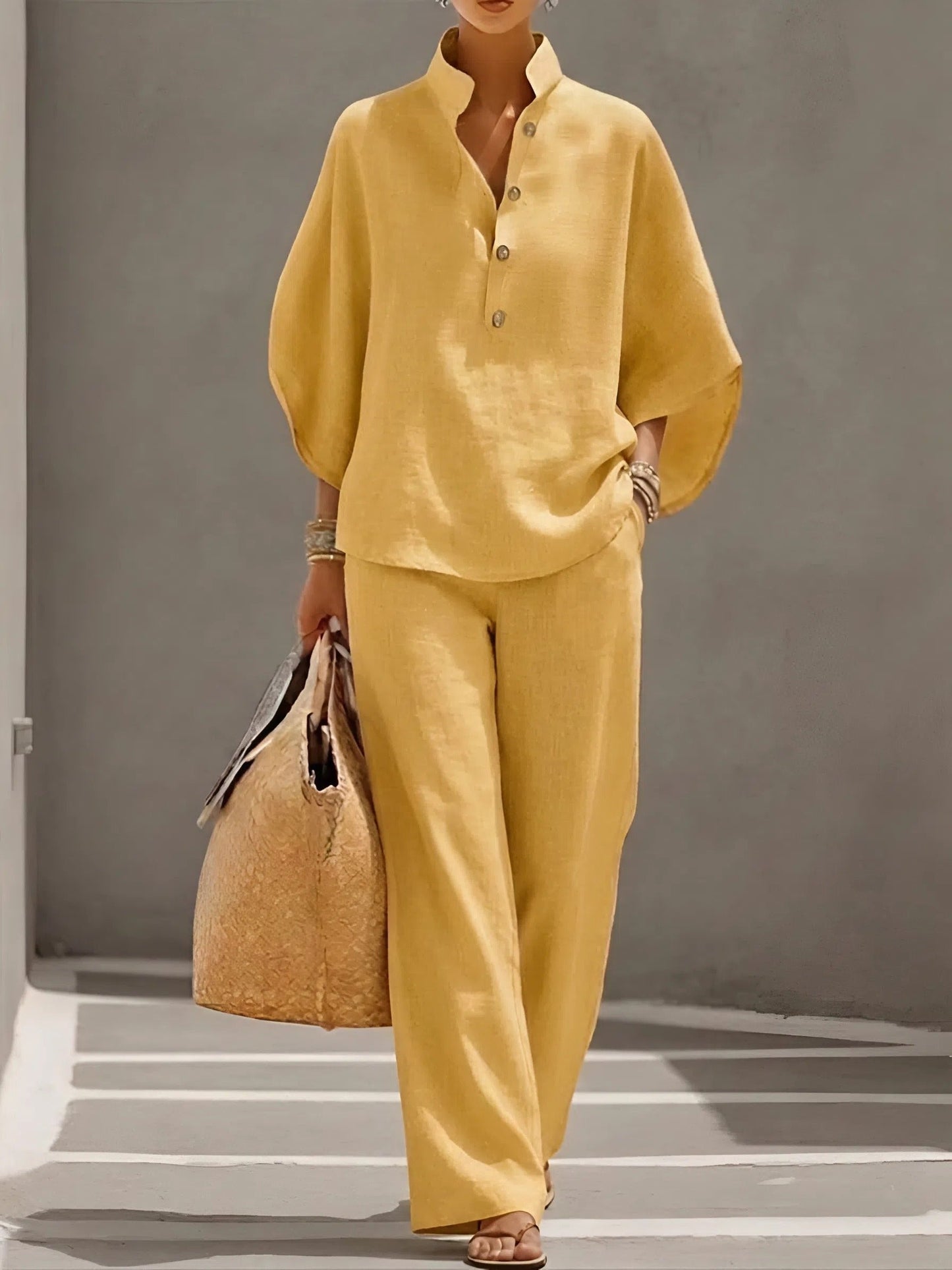 Effortless Linen Wide Leg Set for Women with V Neck Batwing Sleeve Button Front Relaxed Two Piece Style
