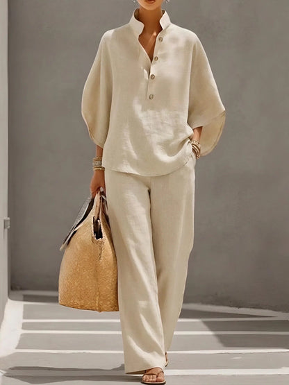 Effortless Linen Wide Leg Set for Women with V Neck Batwing Sleeve Button Front Relaxed Two Piece Style