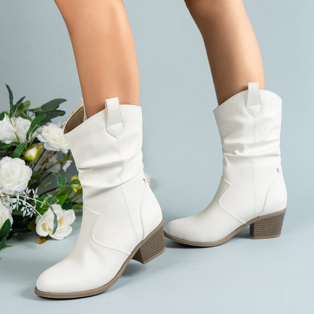Chic White Slouch Boots for Women with Almond Toe Block Heel Mid Calf Cowboy Style