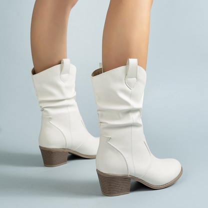 Chic White Slouch Boots for Women with Almond Toe Block Heel Mid Calf Cowboy Style